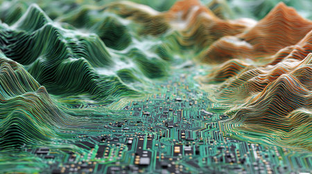 Abstract 3D visualization of circuit board evolving into terrain, blending technology and nature.の素材