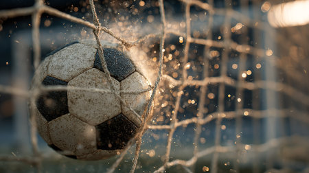 Exciting moment of football placed near goal while colorful confetti rains in celebration.の素材