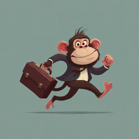 Comedic vector of cartoon monkey rushing with briefcase, representing office chaos and urgency.の素材