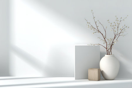 Clean bright background with soft light and shadows ideal for product mockups or displays.の素材