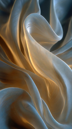 Delicate silk fabric moving in slow wind motion under soft elegant lighting and shadows.の素材