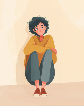 Calm vector art of sad person in soft colors expressing emotional struggle and mental health.の素材