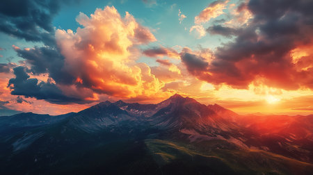 Dramatic low angle view of mountain range under glowing golden hour sky with clouds.の素材