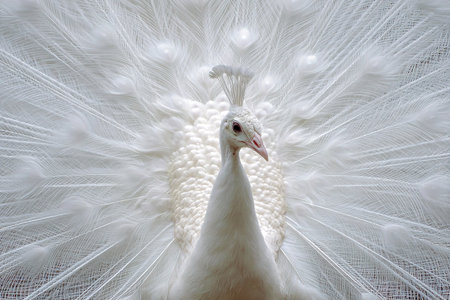 Majestic white peacock showing full feather display against soft natural background in elegance.の素材
