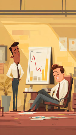 Comedic flat illustration depicting business pitch scenario ending in disaster or client rejection.の素材