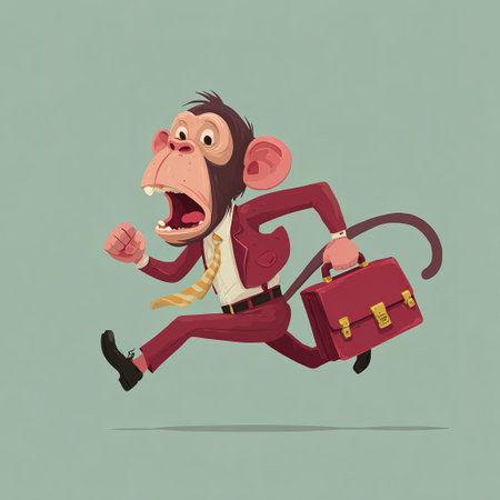 Cartoon monkey dressed for office sprinting with urgency, showing comic business scenario.の素材