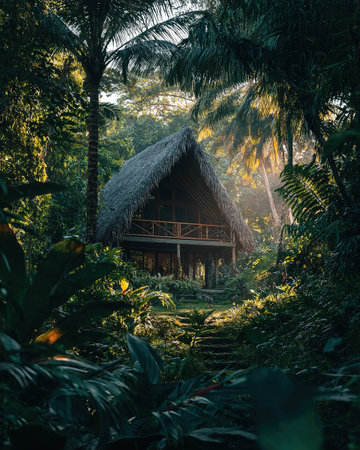 Open air villa set in rainforest surrounded by lush foliage and glowing tropical morning sunlight.の素材