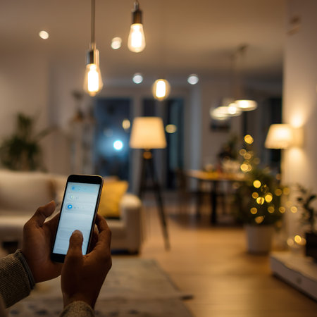 Cozy modern room with smart lighting being adjusted by phone through wireless app interface.の素材
