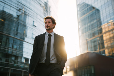 Professional man in dark suit walking confidently with modern corporate city buildings behind.の素材