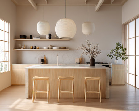 Minimal Japandi style kitchen with bright soft light, clean layout and natural wood details.の素材