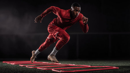 Footballer practicing agility with speed ladder and cones, professional equipment on turf.の素材