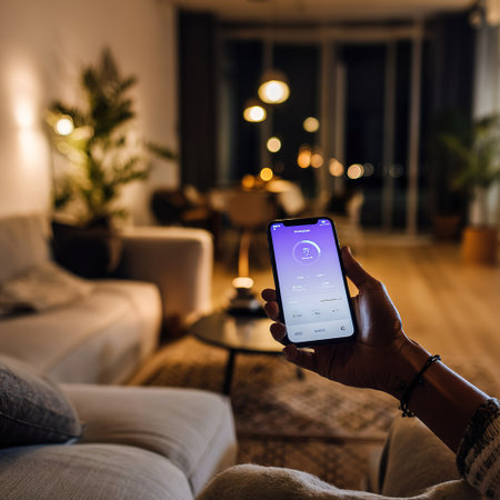 Person using phone to manage smart home lighting in cozy modern interior.の素材