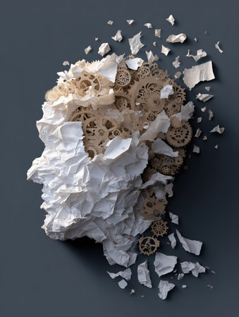 Silhouette of a head with gears and waste paper, symbolizing mental exhaustion and overthinking.の素材