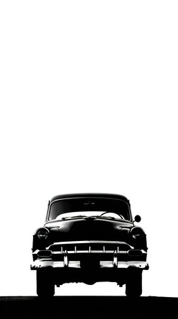 Vintage retro car silhouette clipart with bold outline and front view for design purposes.の素材