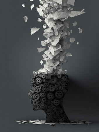 Dark minimal silhouette head showing gears and waste paper symbolizing stress, overthinking, exhaustion.の素材