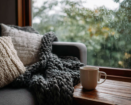 Wooden table with tea cup beside sofa and chunky knit throw, rainy window background.の素材