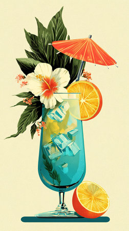 Vertical illustration of refreshing tropical drink featuring umbrella, minimal summer cocktail vector.の素材