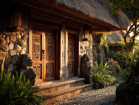 Ornate wooden door with stone walls, statues, and tropical plants in Balinese cultural architecture.の素材