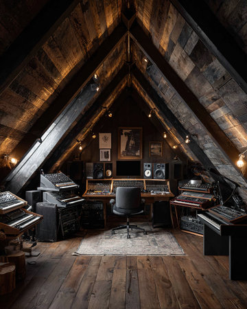 Professional attic studio with mixing consoles, synthesizers, monitors, and wooden rustic design atmosphere.の素材