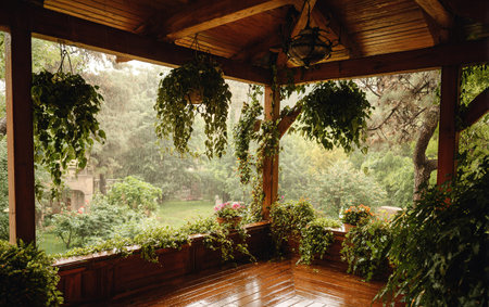 Wooden terrace overlooking garden with hanging plants, rainy atmosphere, and natural cozy ambiance.の素材