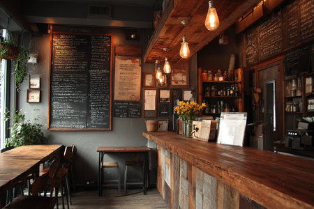 Cozy cafe interior with rustic wooden bar counter, blackboard menu, hanging lamps, and warm atmosphere.の素材