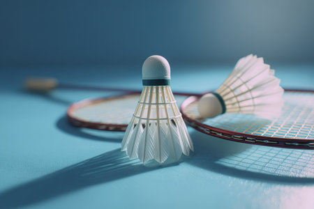 Sports equipment closeup of badminton rackets and shuttlecock on blue background with dramatic shadows.の素材
