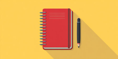 Flat vector icon of writing notebook and pen, minimal clean design for education, office, and study.の素材
