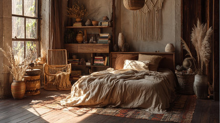 Warm bohemian rustic bedroom interior with earthy tones, natural textures, dried plants, and cozy decor.の素材