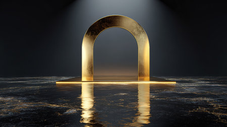 Elegant golden arch reflects on a shimmering surface, bathed in spotlight.の素材