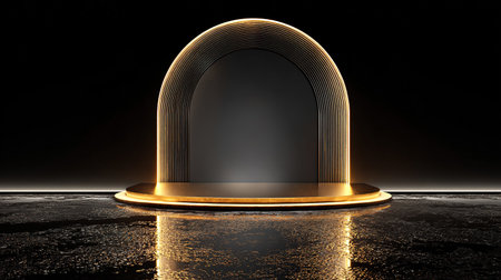 Minimalist golden arch and podium on a dark, reflective floor, abstract luxury.の素材