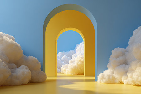 Abstract 3D rendering featuring a bright yellow arch, blue wall, and soft clouds.の素材