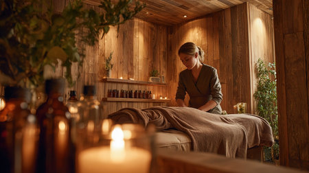 Soothing back massage in rustic spa, warm lighting, essential oils, wellness.の素材