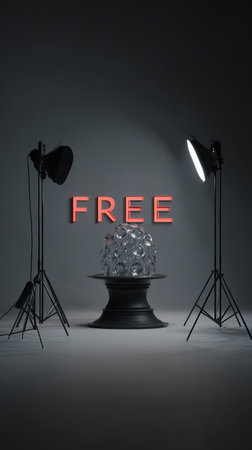 Glowing FREE sign behind a sparkling diamond like orb in studio setting.の素材