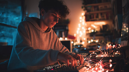 Focused young man creating electronic music in a warm, festive lit home studio.の素材