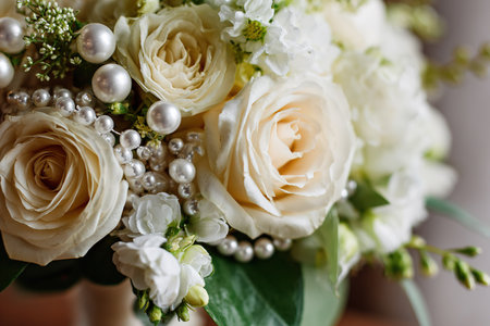 Stunning bridal bouquet featuring cream roses, white blossoms, and shimmering pearls.の素材