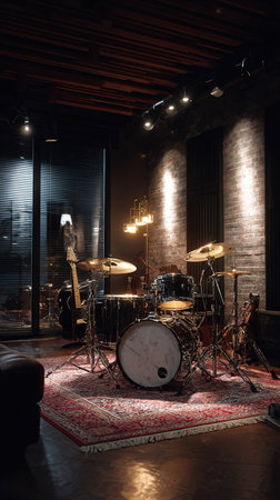 Warmly lit music studio with a drum kit, guitar, and a cozy red rug.の素材
