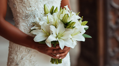 Beautiful white lily bridal bouquet in hands of elegant bride on wedding day.の素材