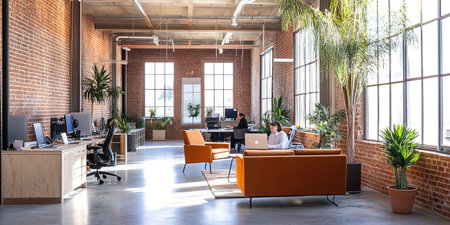 Spacious, bright industrial office with biophilic design and modern comforts.の素材