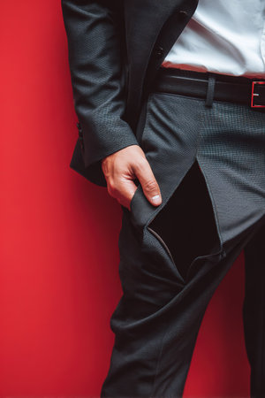 Fashionable man in a charcoal suit, hand in pocket against vibrant red.の素材