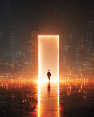 Man enters a glowing orange digital portal in a dark, futuristic cityscape.の素材