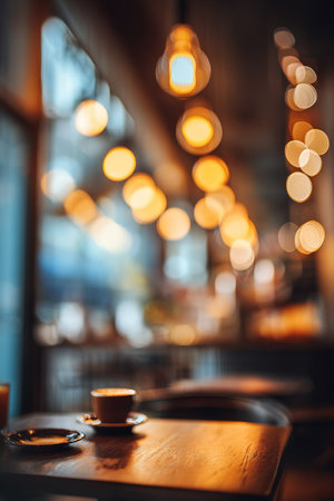 Inviting cafe atmosphere with a coffee cup on a table and bokeh lights.の素材