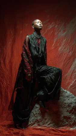 Mysterious and elegant fashion portrait with dramatic lighting and texture.の素材
