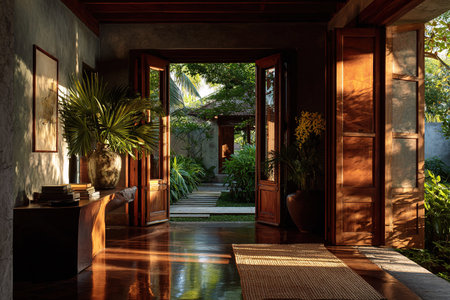 Inviting tropical villa interior with warm sunlight and lush garden view.の素材