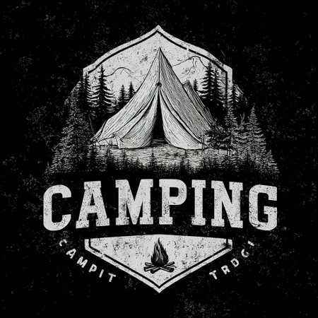 Retro outdoor adventure badge with tent, trees, mountains, and campfire. Grunge style.の素材
