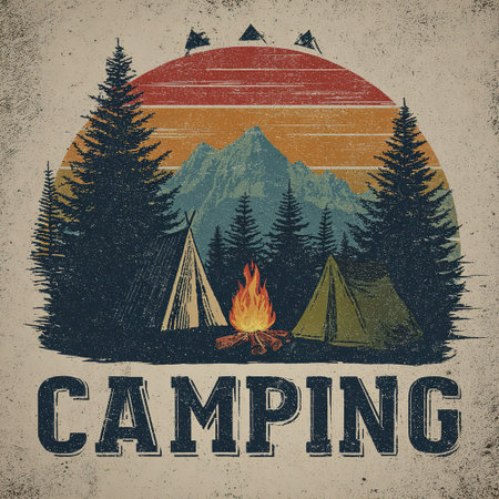 Retro camping scene with tents, campfire, and mountains. Perfect for outdoor designs.の素材