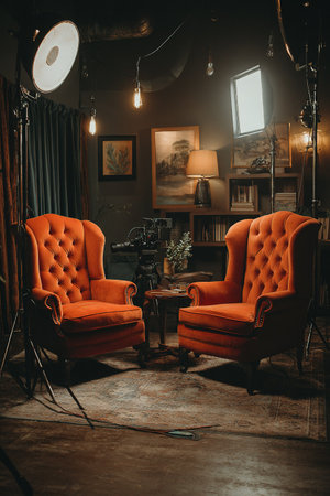 Warmly lit vintage studio with two orange tufted armchairs, perfect for interviews.の素材