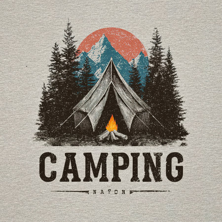 Retro outdoor adventure illustration featuring a tent, campfire, and mountains.の素材