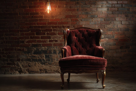 Luxurious red velvet armchair with an Edison bulb and brick wall. Vintage elegance.の素材