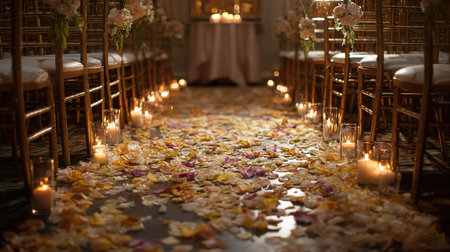 Romantic indoor ceremony aisle with candles, rose petals, elegant seating.の素材