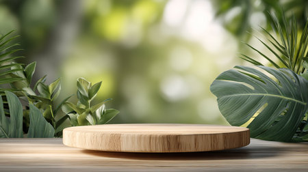 Natural wood podium, tropical leaves, blurred green background. Ideal for product display, cosmetics, eco friendly themes.の素材